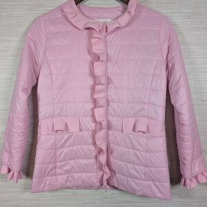 Patty Kim NY Light Pink Ruffle Button Up Puffer Jacket XS Valentines Easter